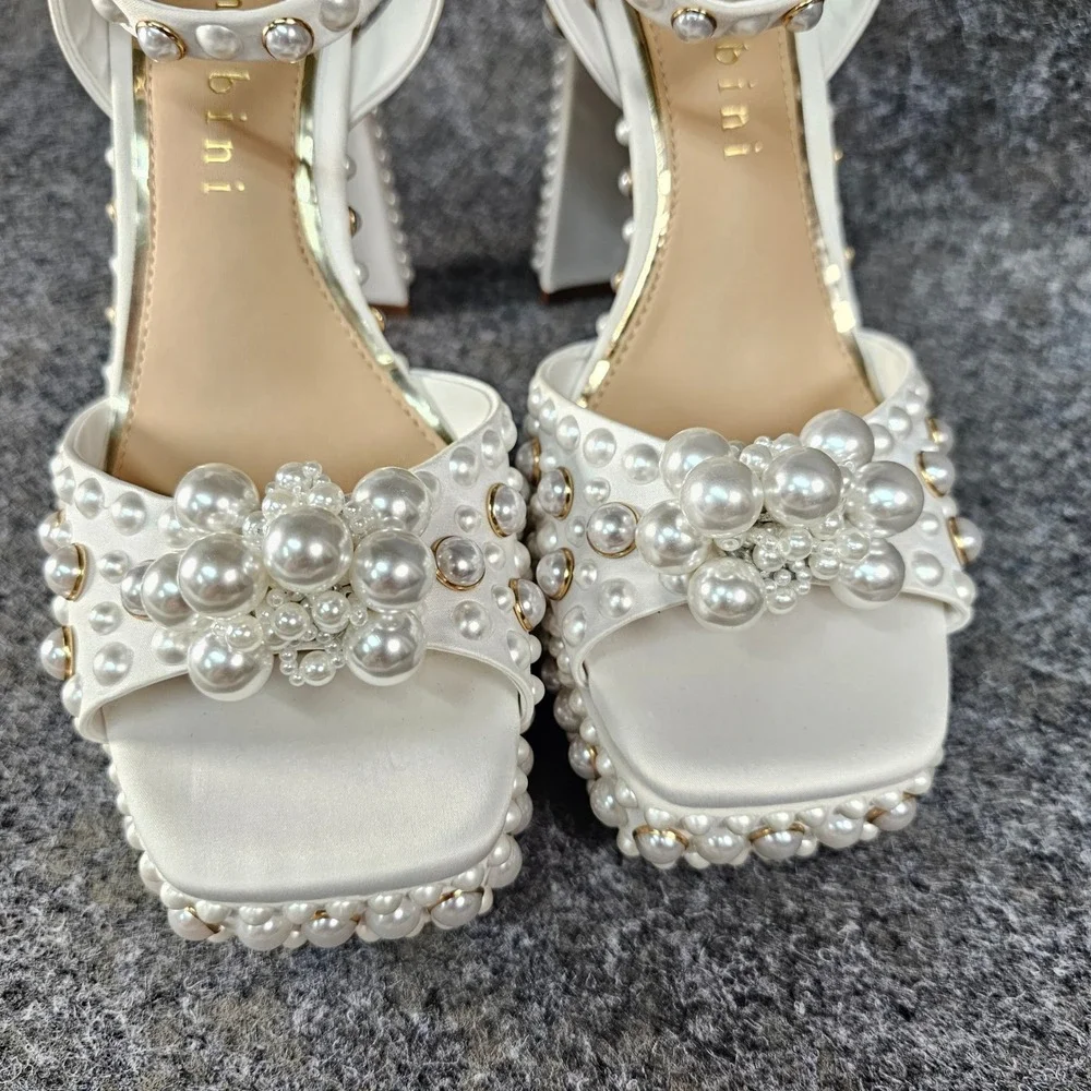Gianni Bini Hazell Pearl Embellished Ankle Wrap Platform Sandals, Size 8.5